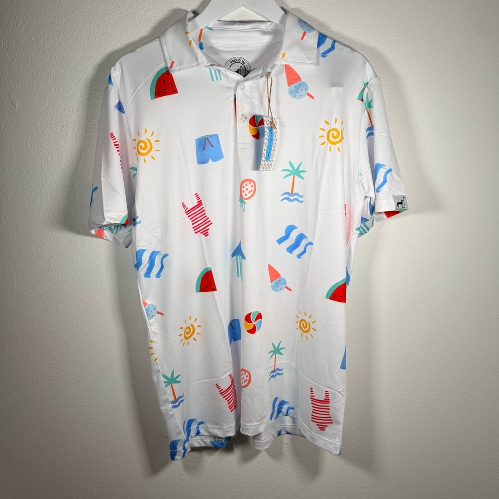 NWT Proud 90 Golf Polo Shirt Beach Print Performance Stretch Medium Summer